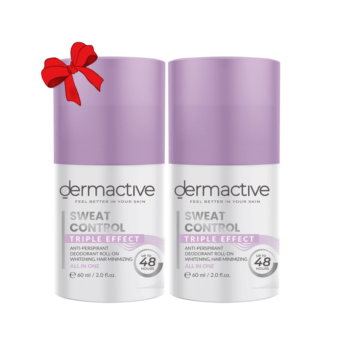 Two Dermactive Sweat Control Tri-Effect Roll-On deodorant bottles .