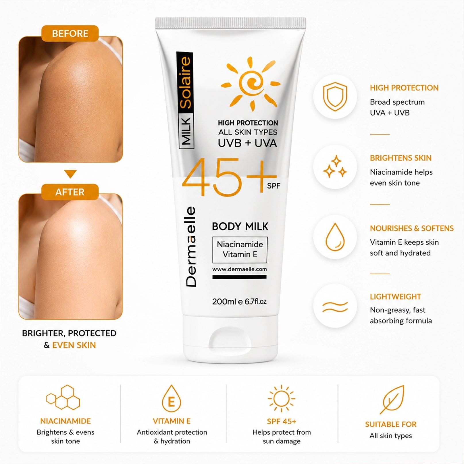 Dermaelle Solaire SPF45 Body Milk 200ml