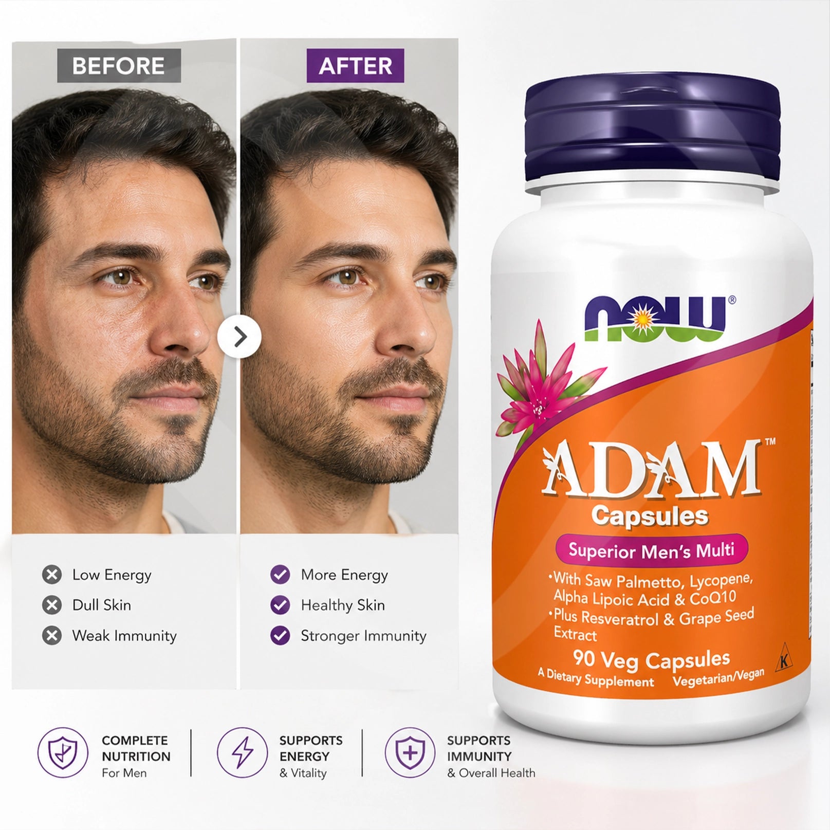 Supplement bottle labeled 'ADAM' with a 'Before' and 'After' comparison of a man's face.
