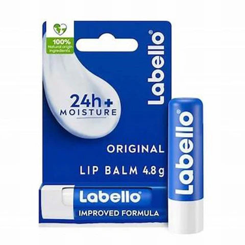 Labello lip balm packaging with blue and white design on a white background