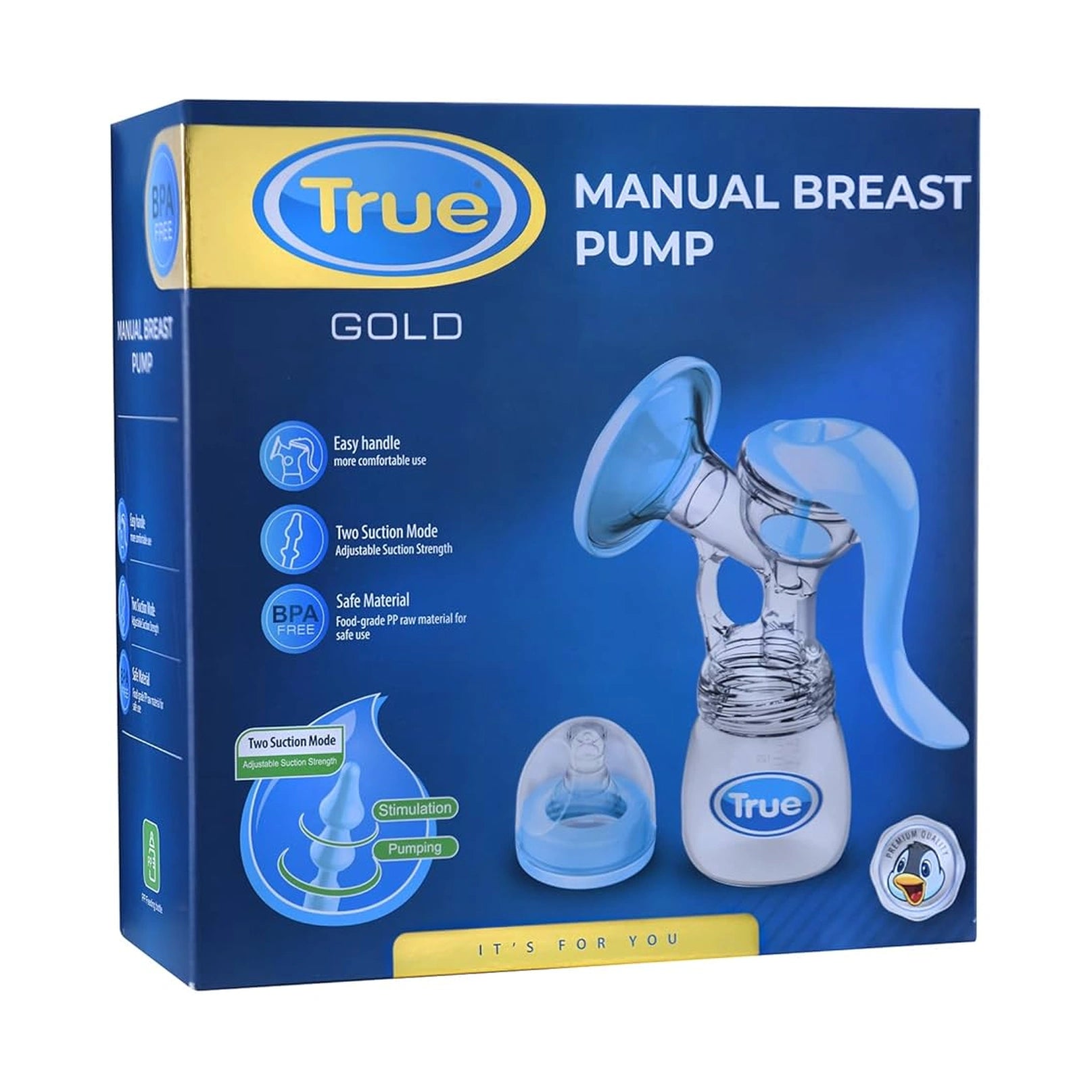 True Manual Breast Pump Gold packaging with pump illustration on a blue background