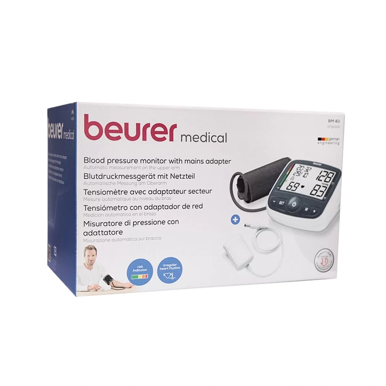 Beurer blood pressure monitor packaging with digital display on a white background