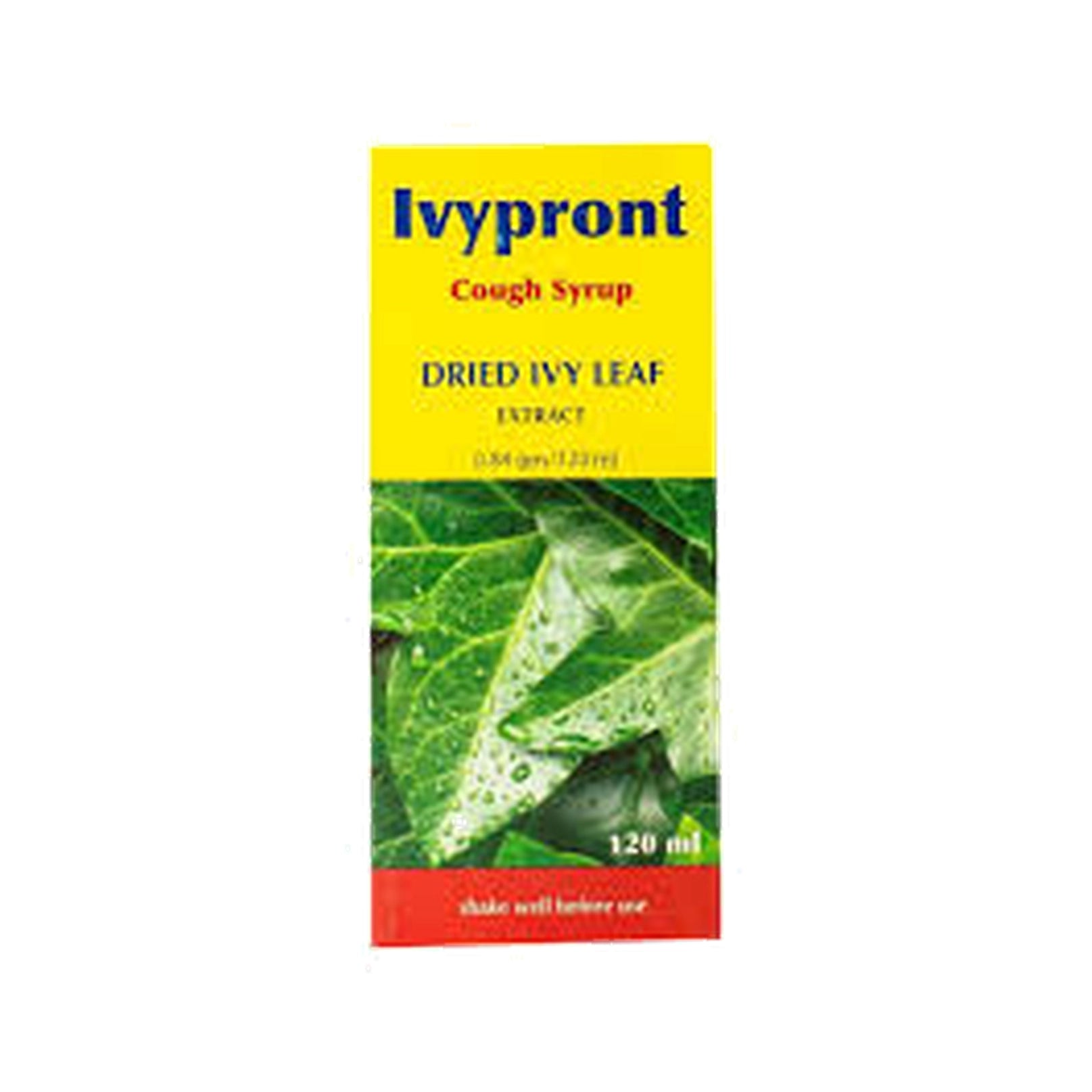 Ivypront cough syrup packaging with dried ivy leaf extract on a white background