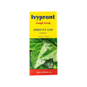 Ivypront cough syrup packaging with dried ivy leaf extract on a white background