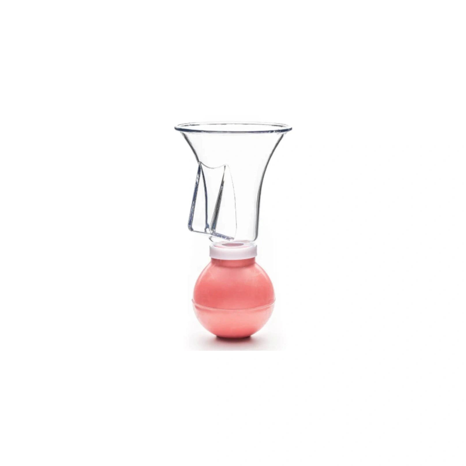 Clear glass OF manual breast pump  with a pink base on a white background