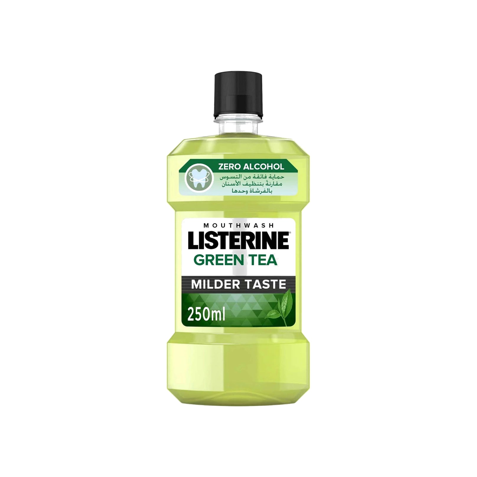 Bottle of Listerine Green Tea mouthwash on a white background