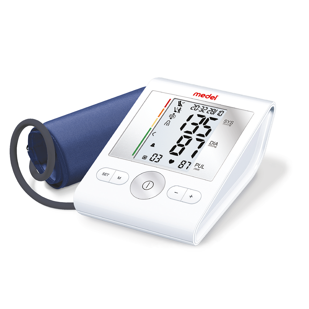 Blood pressure monitor with digital display on a white background