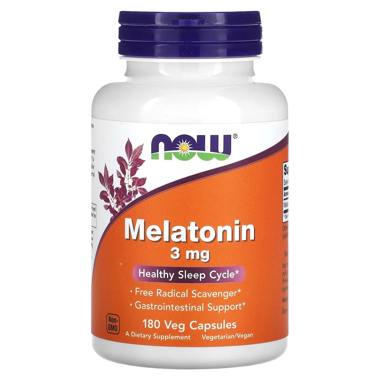 A bottle of Now Melatonin 3 mg containing 180 vegetarian capsules, marketed for healthy sleep cycle support.