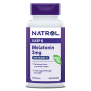 A bottle of Natrol Melatonin 3mg time release tablets, with 100 tablets inside. The packaging is predominantly purple and white.