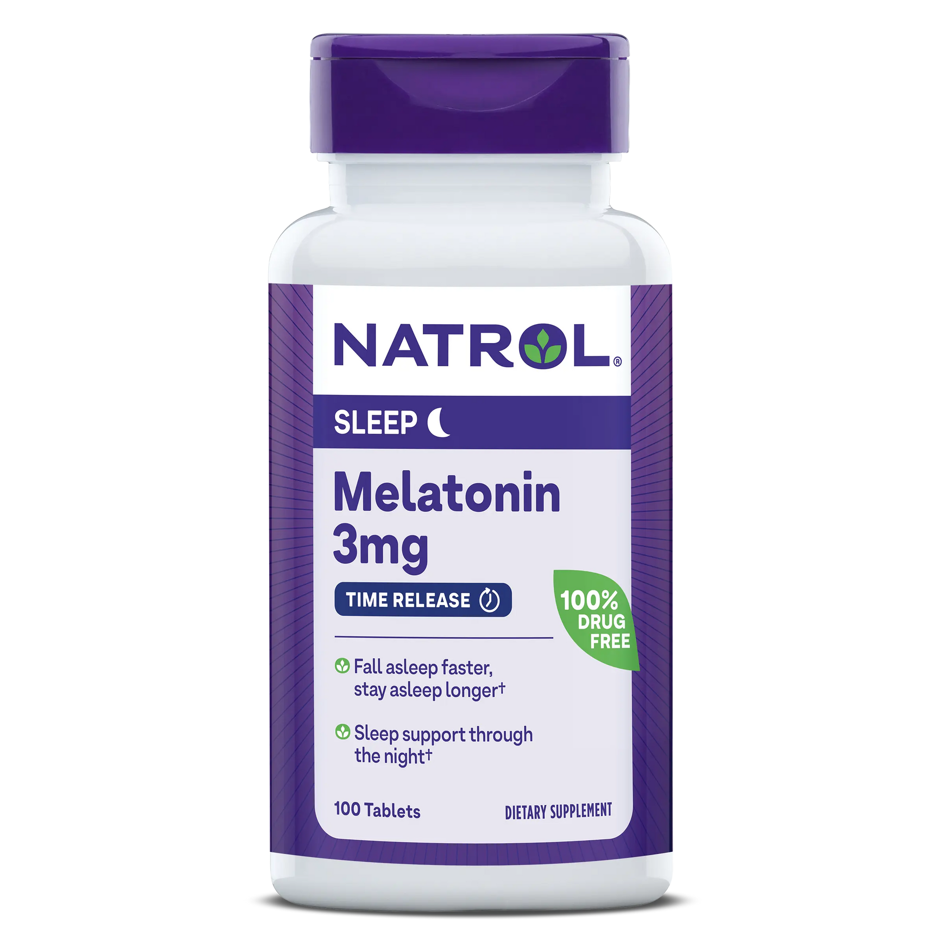 A bottle of Natrol Melatonin 3mg time release tablets, with 100 tablets inside. The packaging is predominantly purple and white.