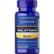 A bottle of Puritans Pride Melatonin 5 mg nighttime sleep aid, containing 120 coated tablets.