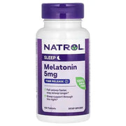 A bottle of Natrol Melatonin 5mg dietary supplement with 100 tablets, primarily white with purple and green text.
