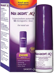 Nasacort AQ nasal spray suspension with packaging on a white background