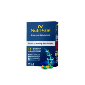 NutriVam hair supplement package with capsules on a white background