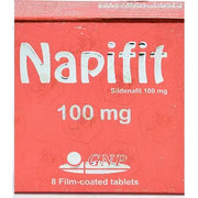 A red and white package of 'Napifit 100 mg', which contains 8 film-coated tablets with the active ingredient Sildenafil 100 mg.