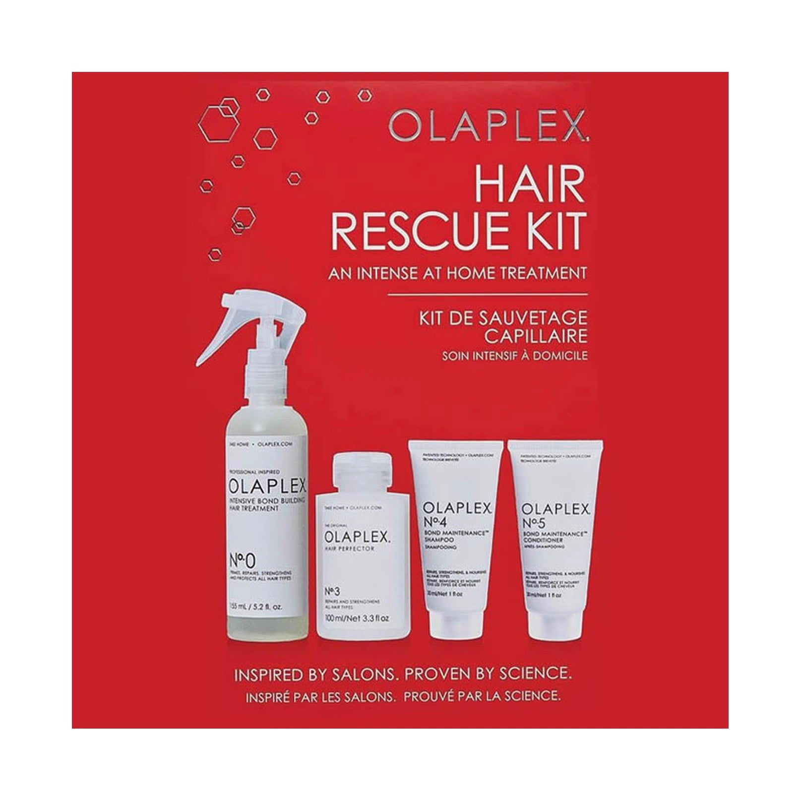 Olaplex Hair Rescue Kit set including No.0 bond builder spray, No.3 hair perfector treatment, No.4 shampoo and No.5 conditioner