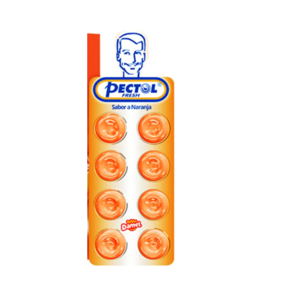Pectol fresh orange-flavored lozenges packaging on a white background