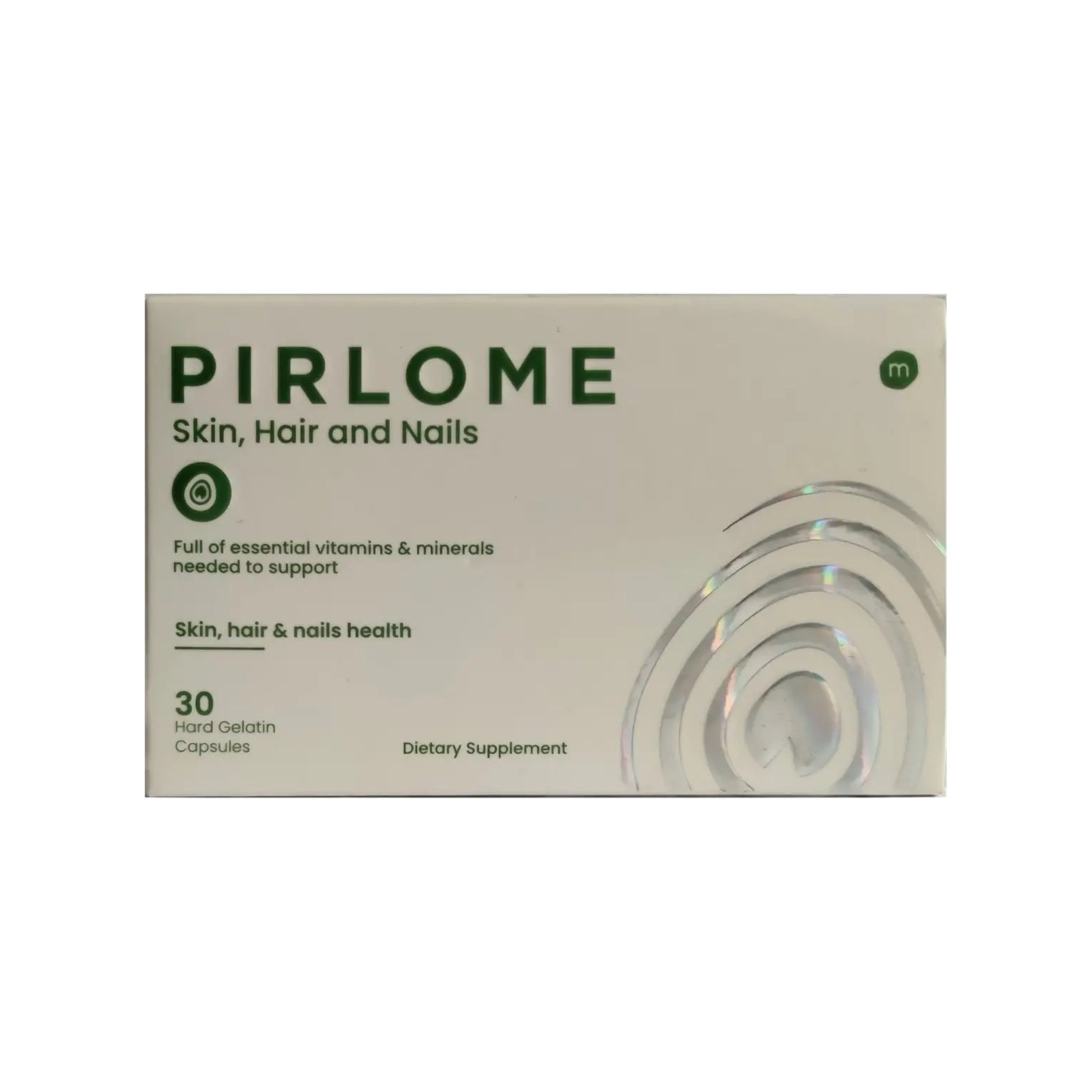Pirlome dietary supplement box for skin, hair, and nails on a white background