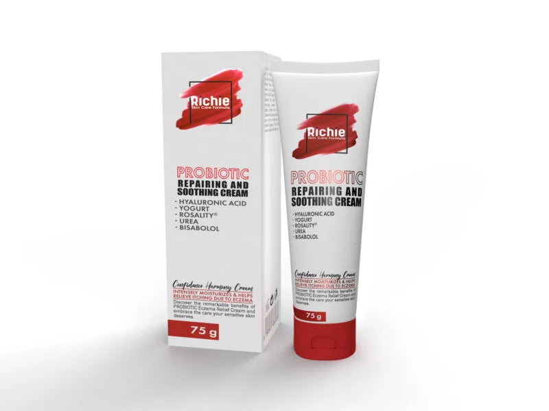Tube and packaging of Richie Probiotic Repairing and Soothing Cream on a white background