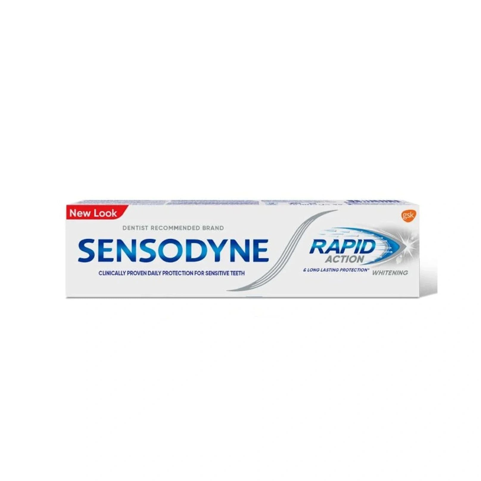 Sensodyne Rapid Action toothpaste tube on a white background