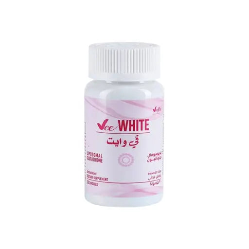 White supplement bottle with pink label on a white background