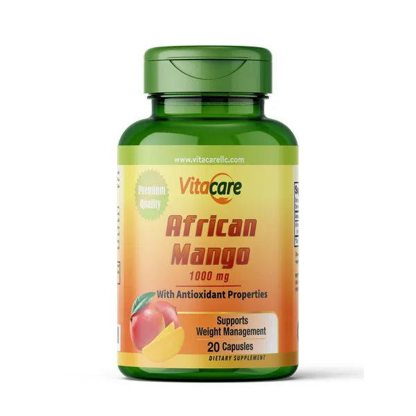 A bottle of Vitacare African Mango 1000 mg dietary supplement with antioxidant properties,  20 capsules inside.