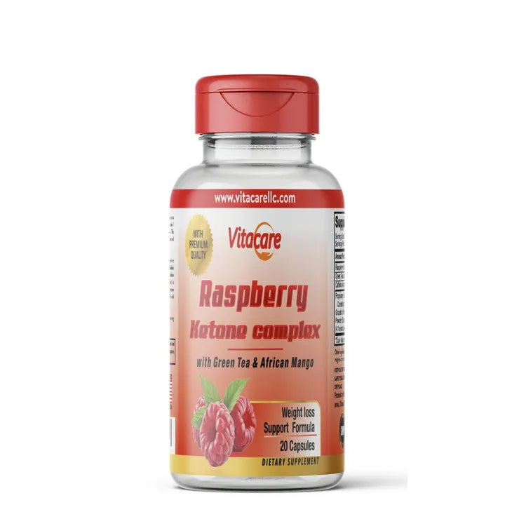 A bottle of Vitacare Raspberry Ketone Complex with 20 capsules, featuring an image of a raspberry on the label and indicating the product is for metabolism support.