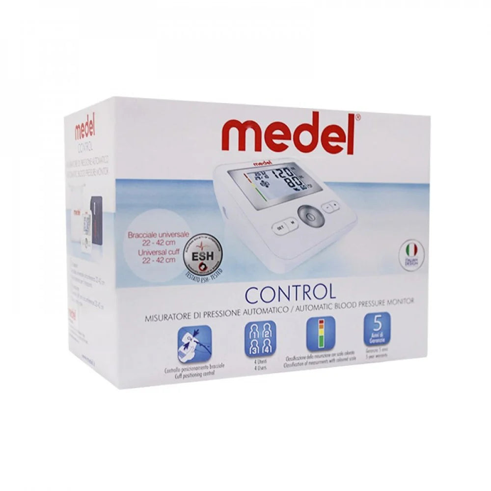 Box of Medel blood pressure monitor on a white background